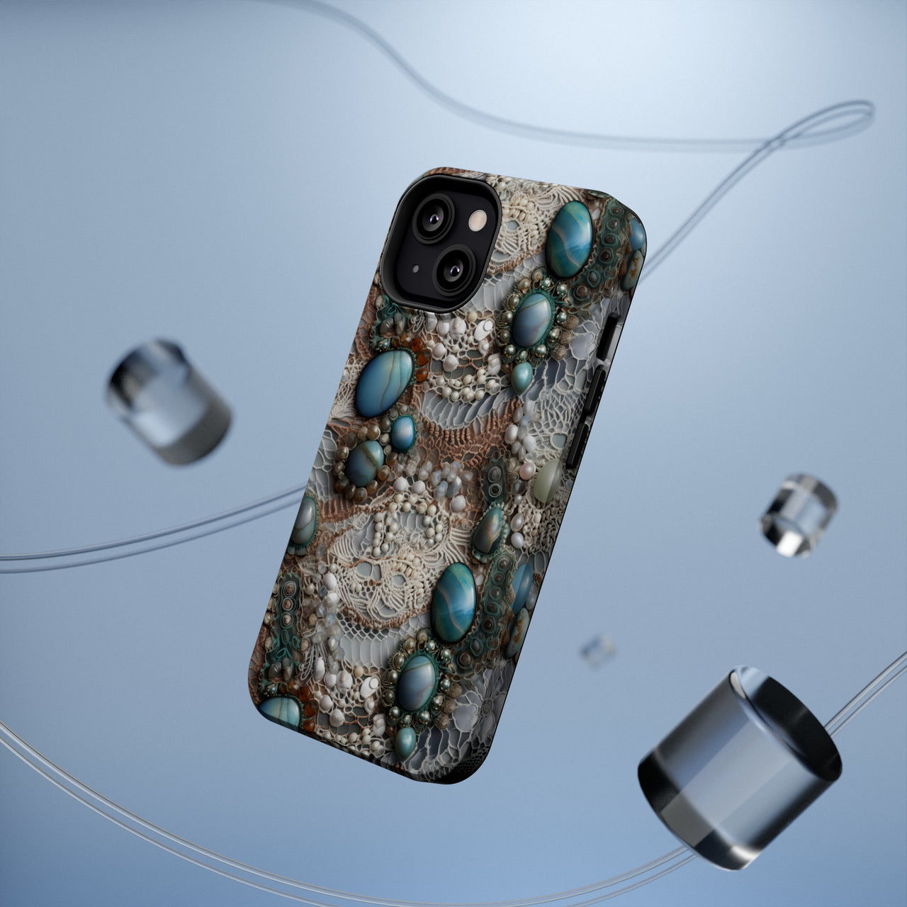 Boho Agate and Lace MagSafe Tough Cases for iPhone 13, iPhone 13 Mini, iPhone 13 Pro, and iPhone 13 Pro Max.