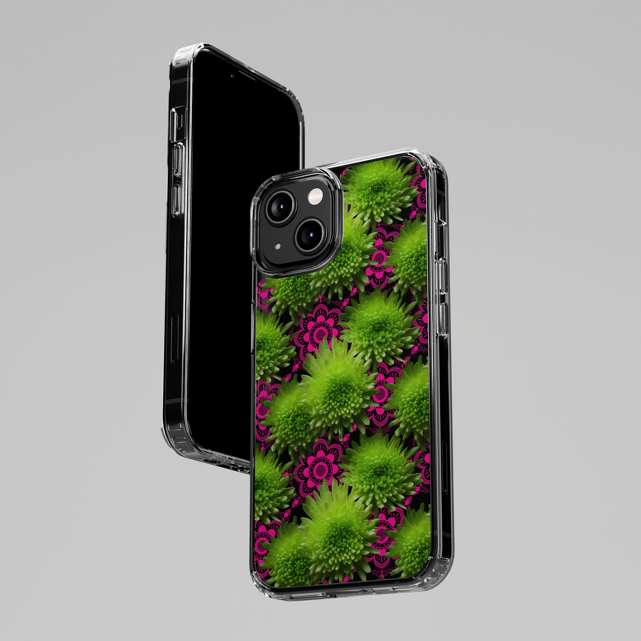 *Clear Case* Green Mums and Lace - iPhone 14, iPhone 14 Pro, iPhone 14 Plus, iPhone 14 Pro Max - Supports Wireless Charging