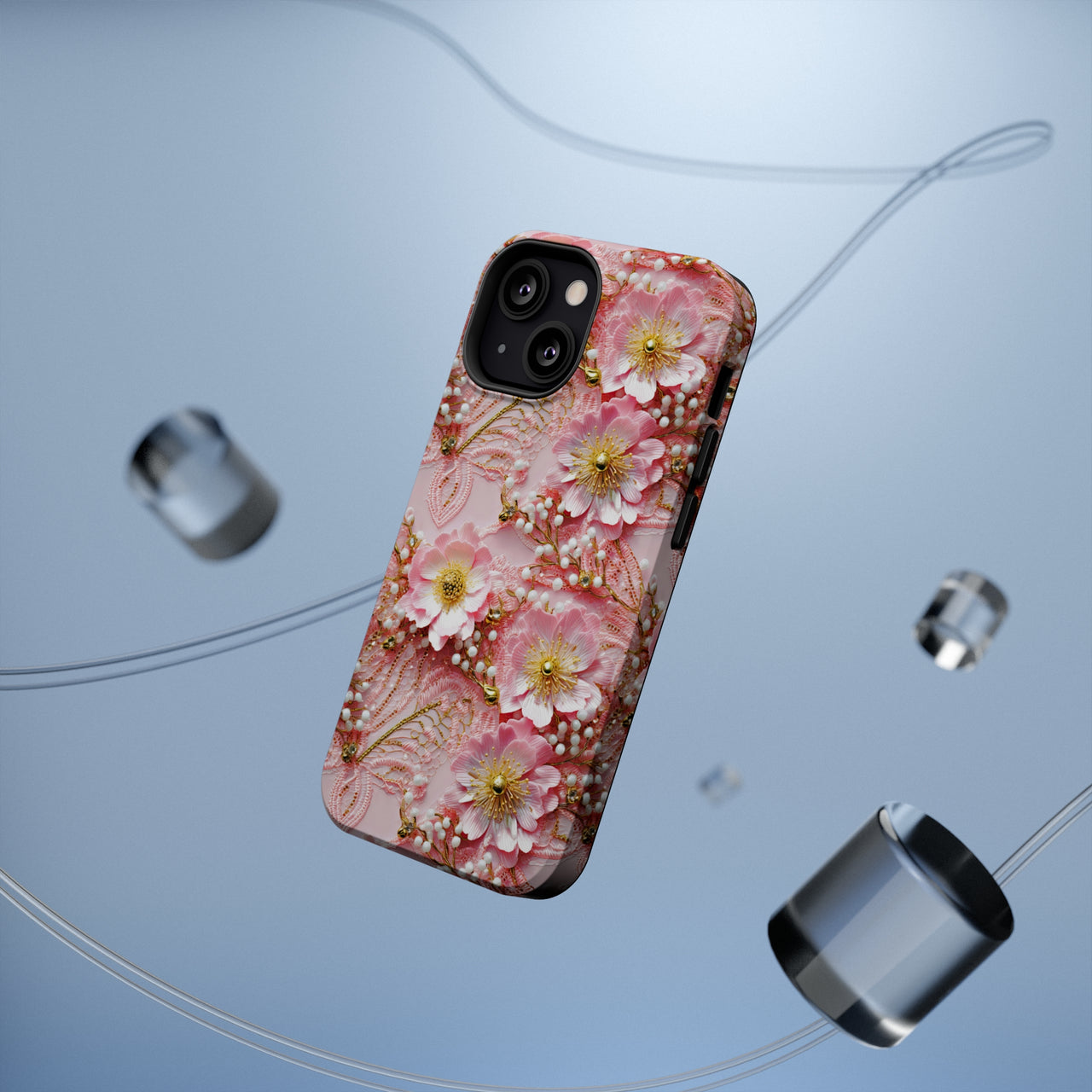 Gold-Kissed Flowers on Pink Lace - MagSafe Tough Cases for iPhone 13, iPhone 13 Mini, iPhone 13 Pro, and iPhone 13 Pro Max.