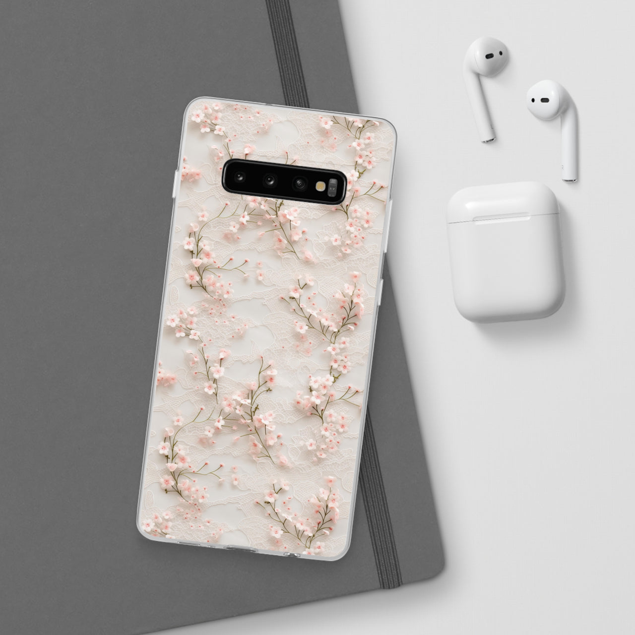 White Lace and Cherry Blossoms - Flexi Cases for Samsung Galaxy S10, Samsung Galaxy S10E, & Samsung Galaxy S10 Plus