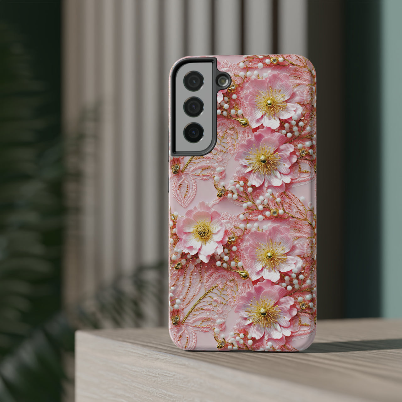 Gold-Kissed Flowers on Pink Lace - Impact-Resistant Case for Samsung Galaxy S22, Samsung Galaxy S22 Plus, and Samsung Galaxy S22 Ultra. Supports Wireless Charging.