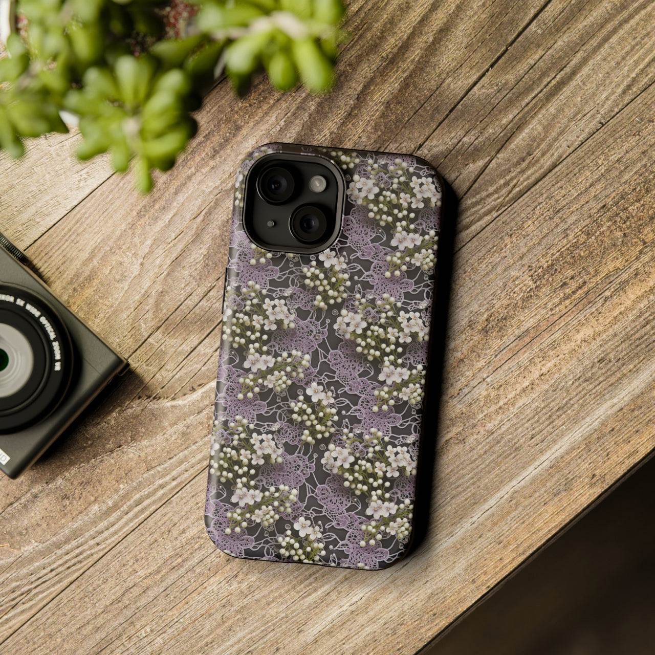 White Flowers on a Purple Bed - MagSafe Tough Case for iPhone 15, iPhone 15 Pro, iPhone 15 Plus, & iPhone 15 Pro Max