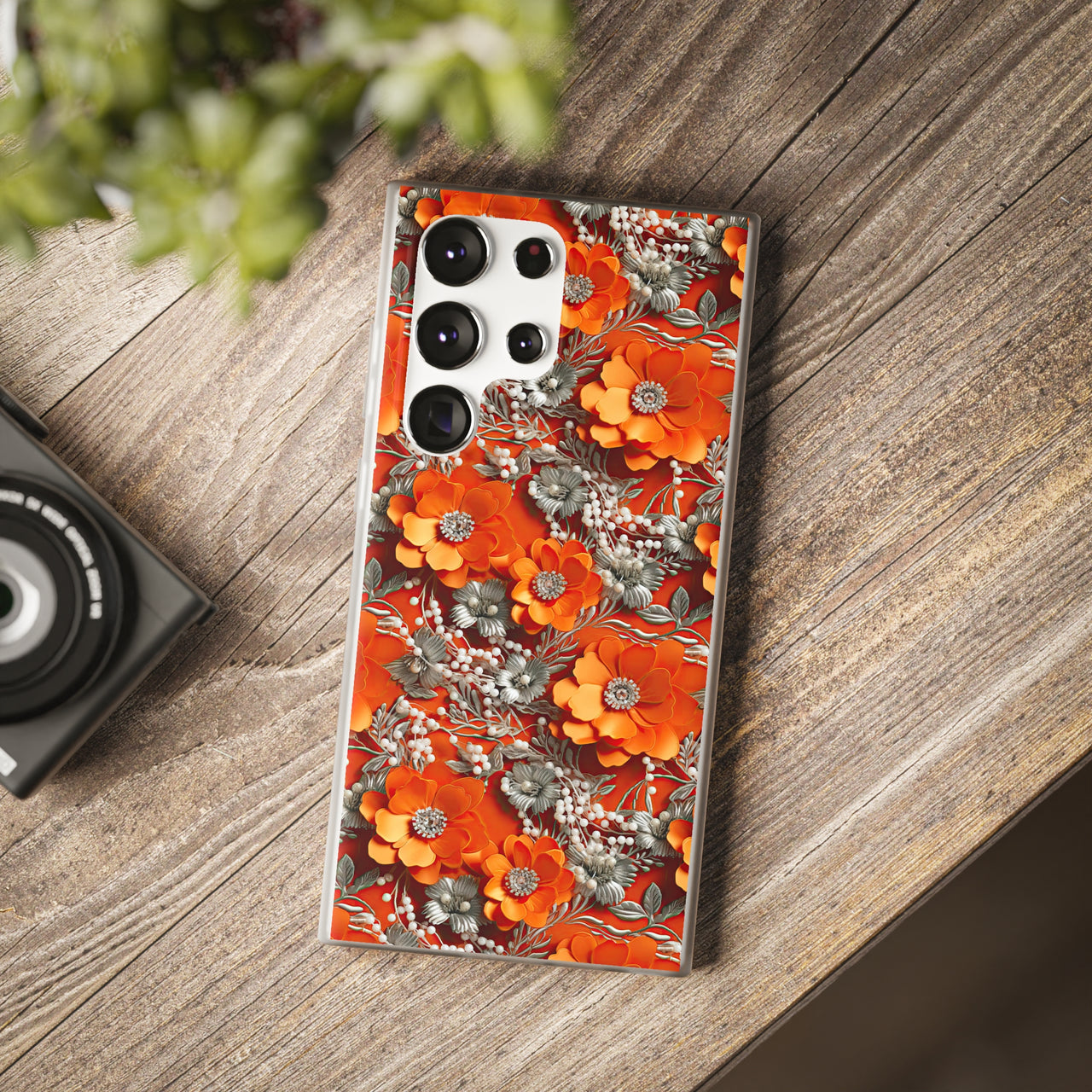 Orange Petals in Silver Tapestry - Flexi Cases for Samsung Galaxy S23, Samsung Galaxy S23 Plus, and Samsung Galaxy S23 Ultra