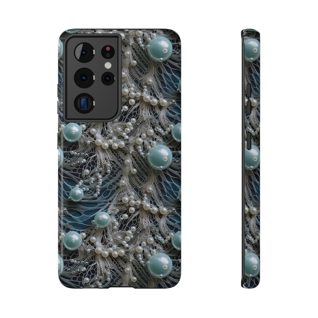 Sea Foam Lace and Pearls Impact-Resistant Cases for Samsung Galaxy S21, Samsung Galaxy S21 Plus, and Samsung Galaxy S21 Ultra. Supports Wireless Charging.