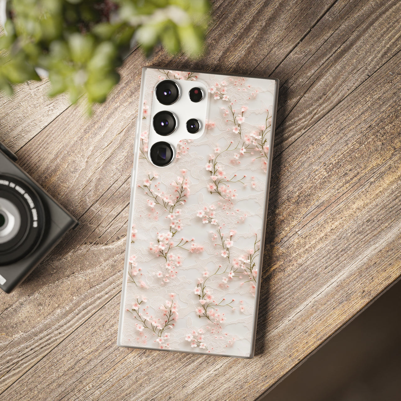 White Lace and Cherry Blossoms - Flexi Cases for Samsung Galaxy S23, Samsung Galaxy S23 Plus, and Samsung Galaxy S23 Ultra