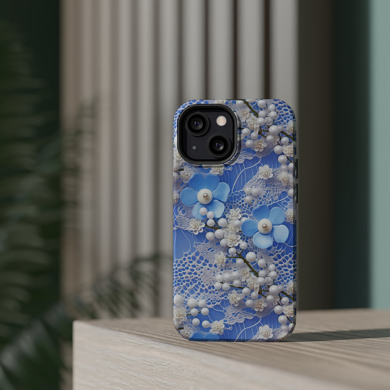 Pearls and Lace on Baby Blue - MagSafe Tough Cases for iPhone 13, iPhone 13 Mini, iPhone 13 Pro, and iPhone 13 Pro Max.