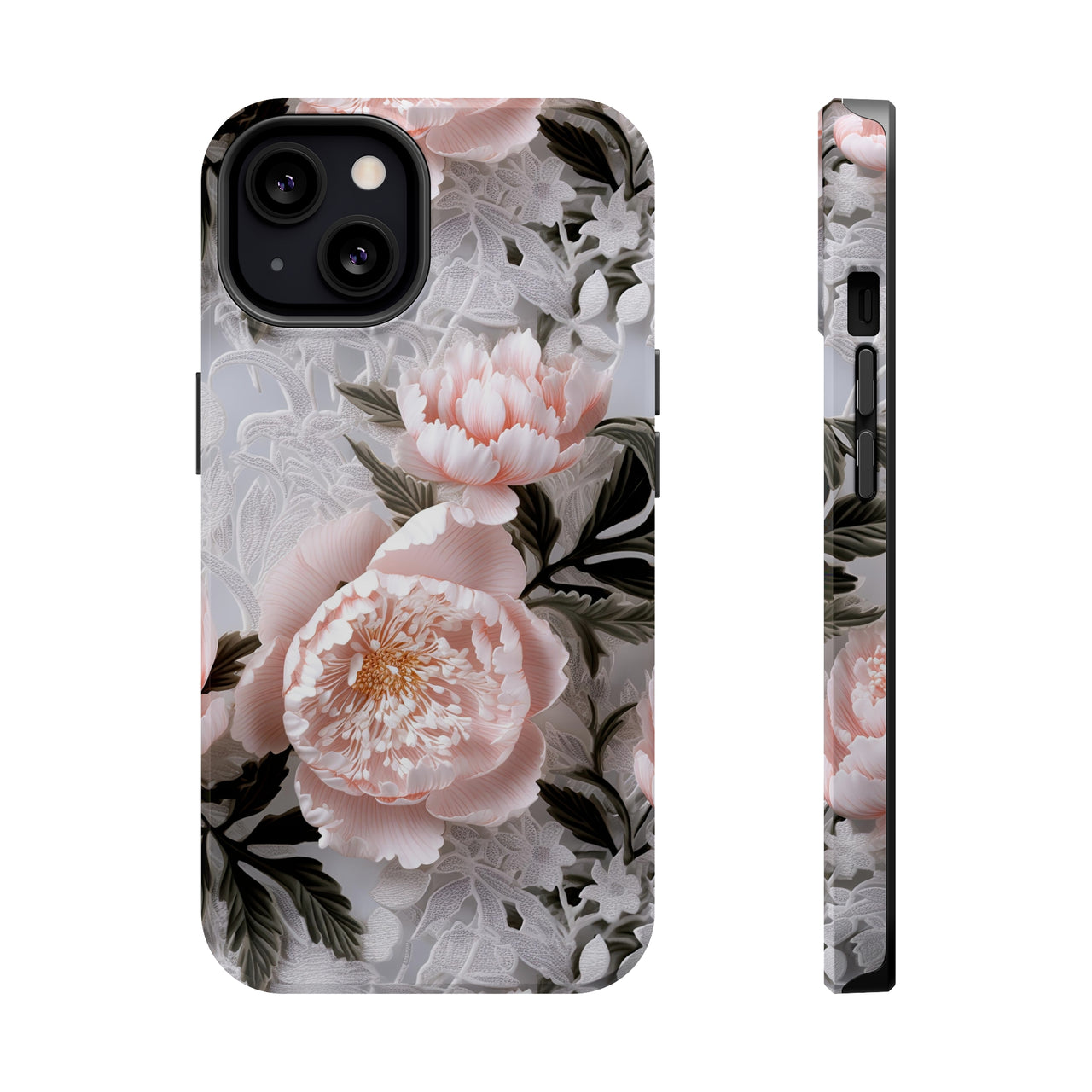 Pink Peony MagSafe Tough Cases for iPhone 13, iPhone 13 Mini, iPhone 13 Pro, and iPhone 13 Pro Max.