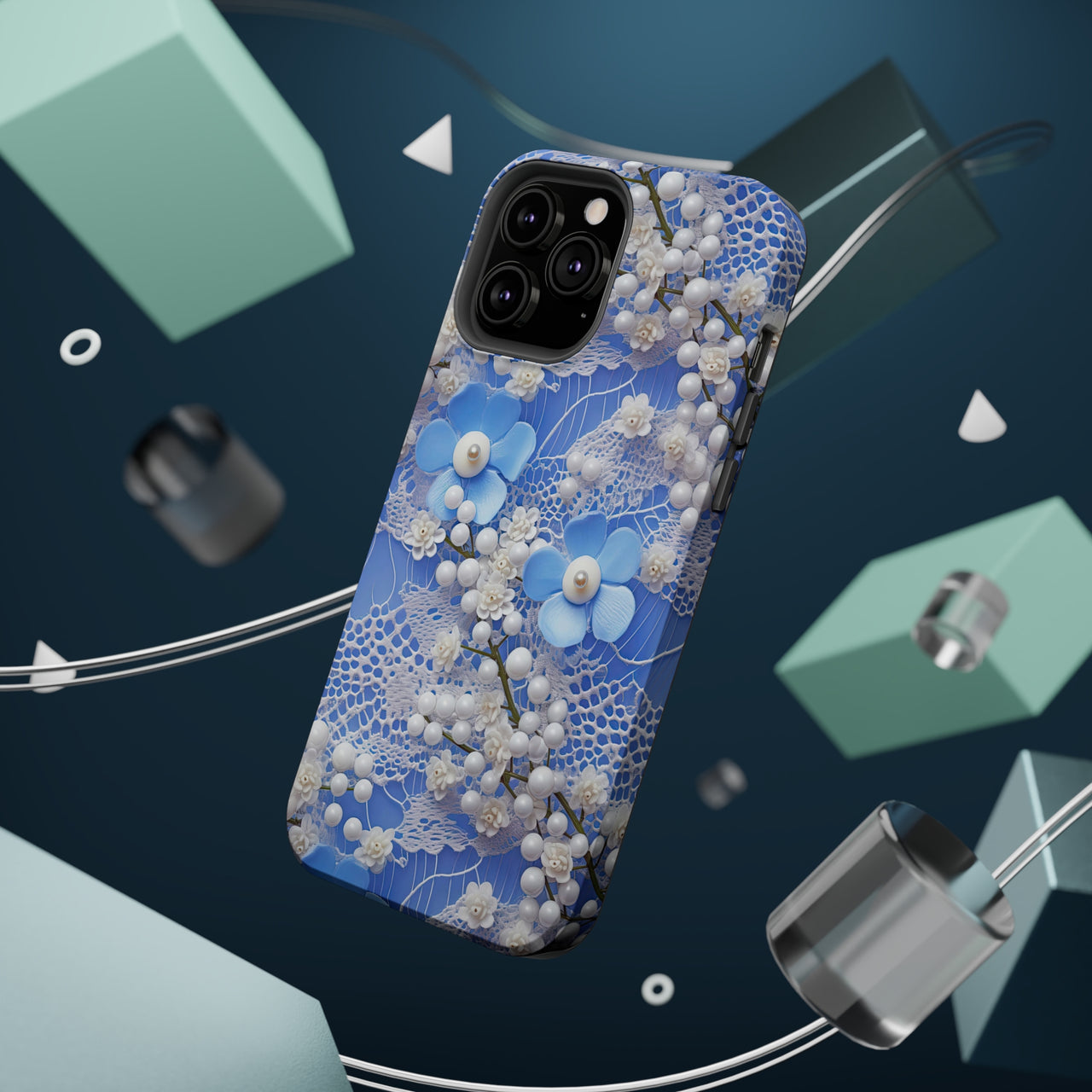 Pearls and Lace on Baby Blue - MagSafe Tough Cases for iPhone 13, iPhone 13 Mini, iPhone 13 Pro, and iPhone 13 Pro Max.