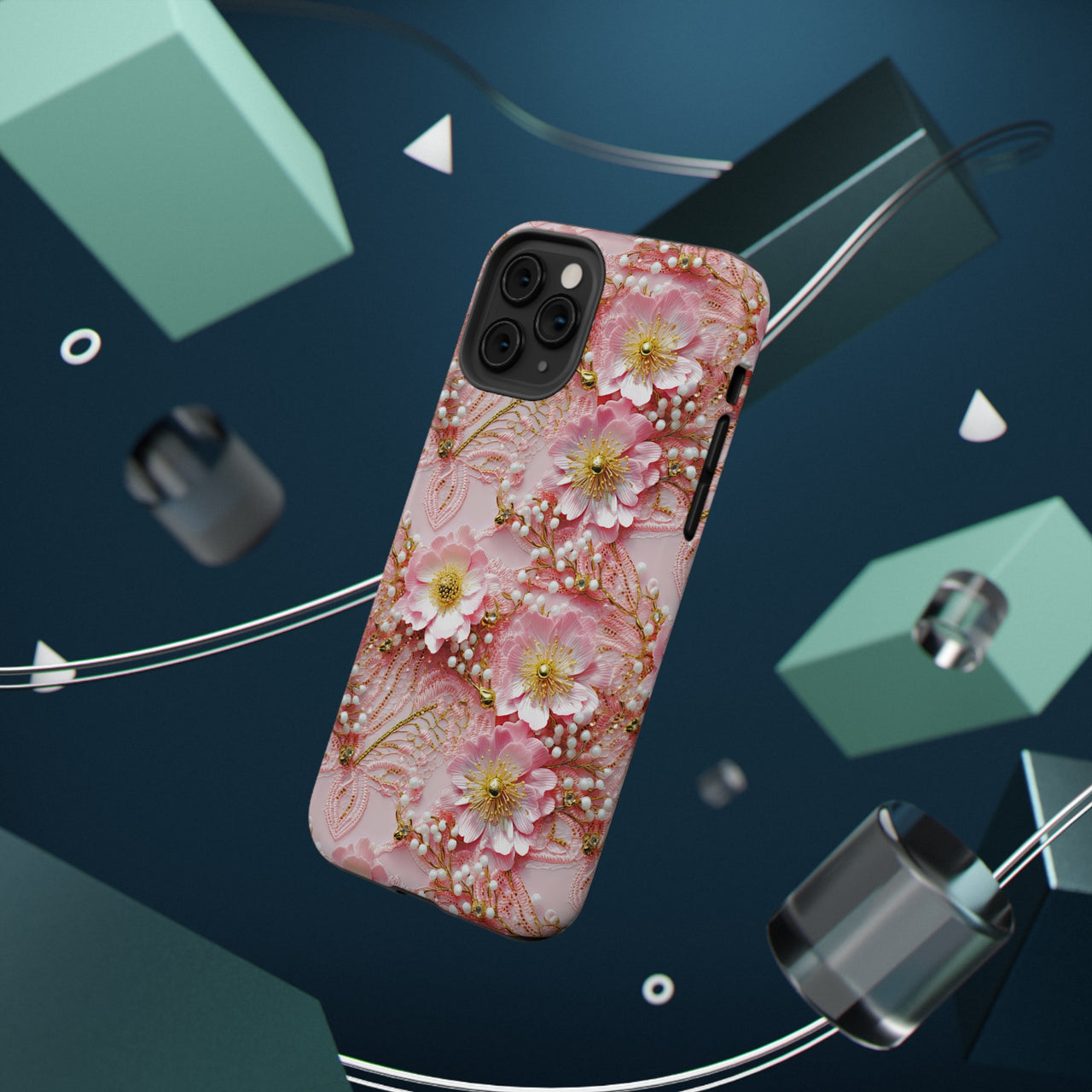 Gold-Kissed Flowers on Pink Lace -  Impact-Resistant Cases for iPhone 11, iPhone 11 Pro, and iPhone 11 Pro Max. Supports Wireless Charging.