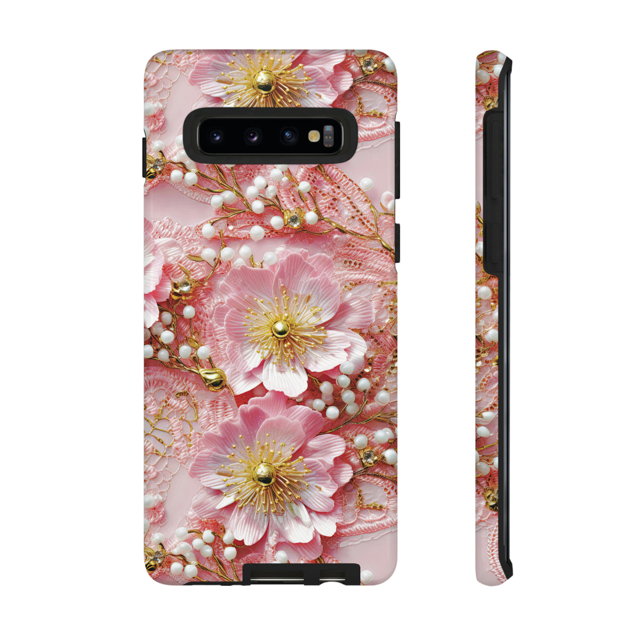 Gold-Kissed Flowers on Pink Lace - Tough Case for Samsung Galaxy S10, Samsung Galaxy S10E, and Samsung Galaxy S10 Plus