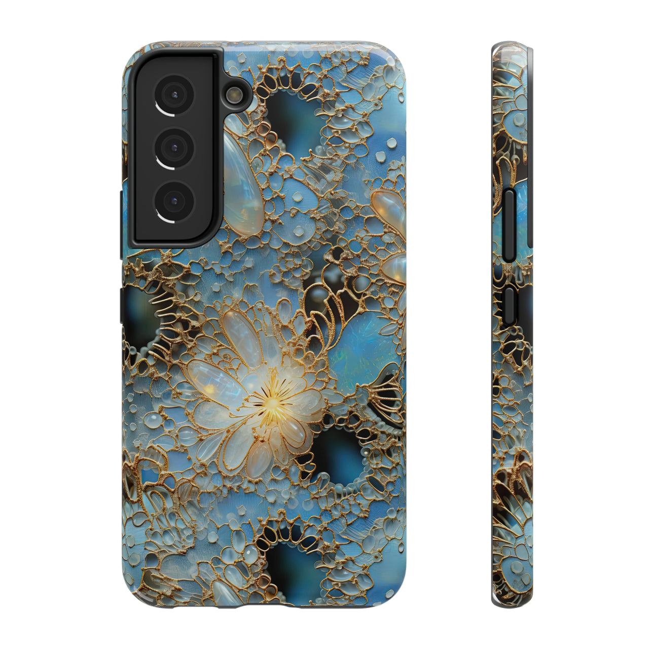 Gemstones and Gold Lace Impact-Resistant Cases for Samsung Galaxy S22, Samsung Galaxy S22 Plus, and Samsung Galaxy S22 Ultra. Supports Wireless Charging.