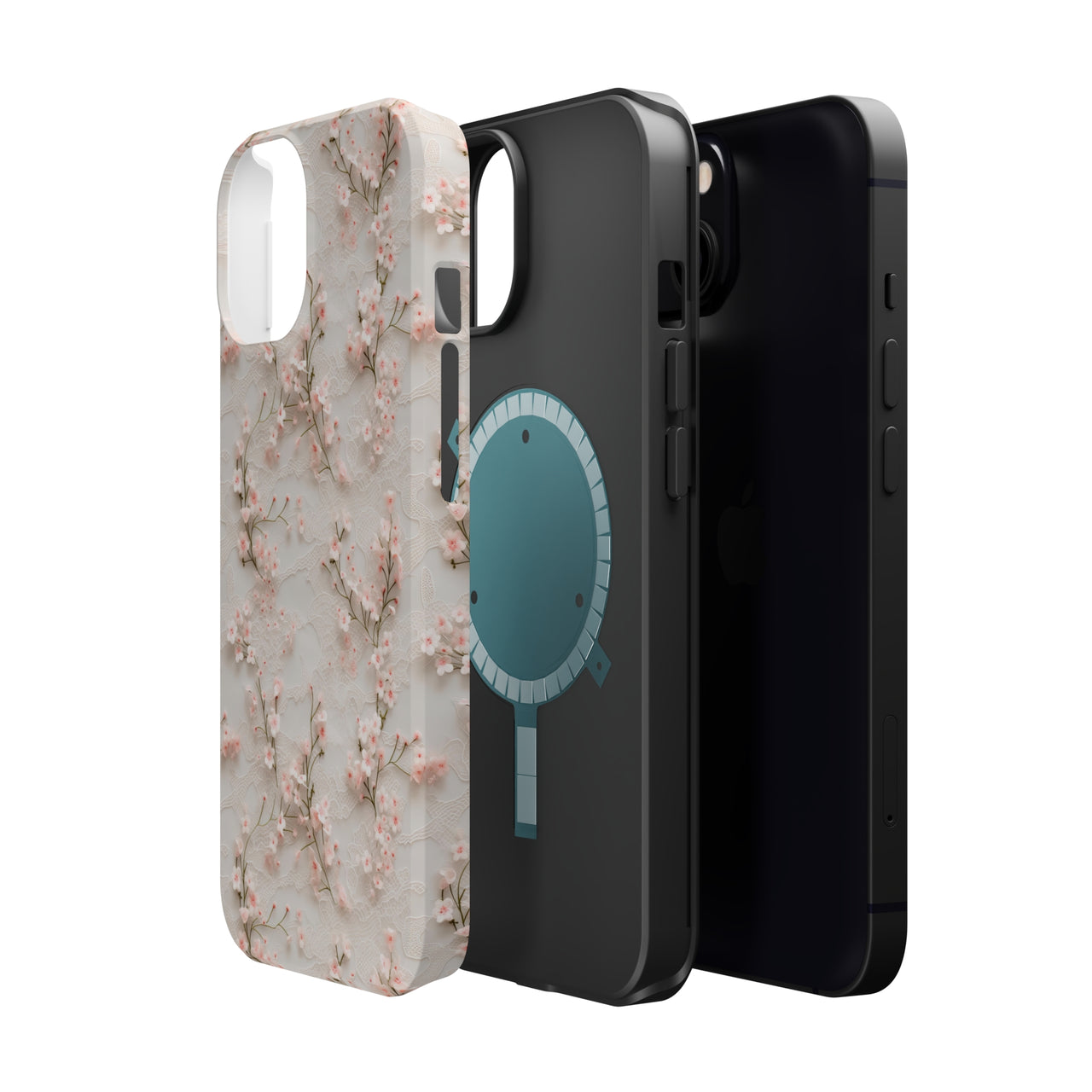 White Lace and Cherry Blossoms MagSafe Tough Cases for iPhone 13, iPhone 13 Mini, iPhone 13 Pro, and iPhone 13 Pro Max.