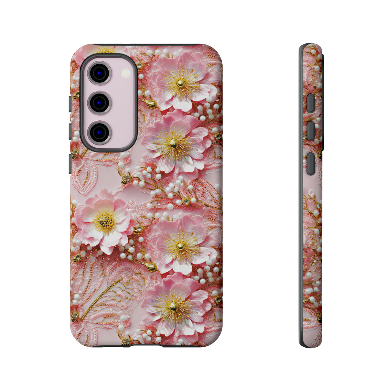 Gold-Kissed Flowers on Pink Lace - Tough Case for Samsung Galaxy S23, Samsung Galaxy S23 Plus, and Samsung Galaxy S23 Ultra