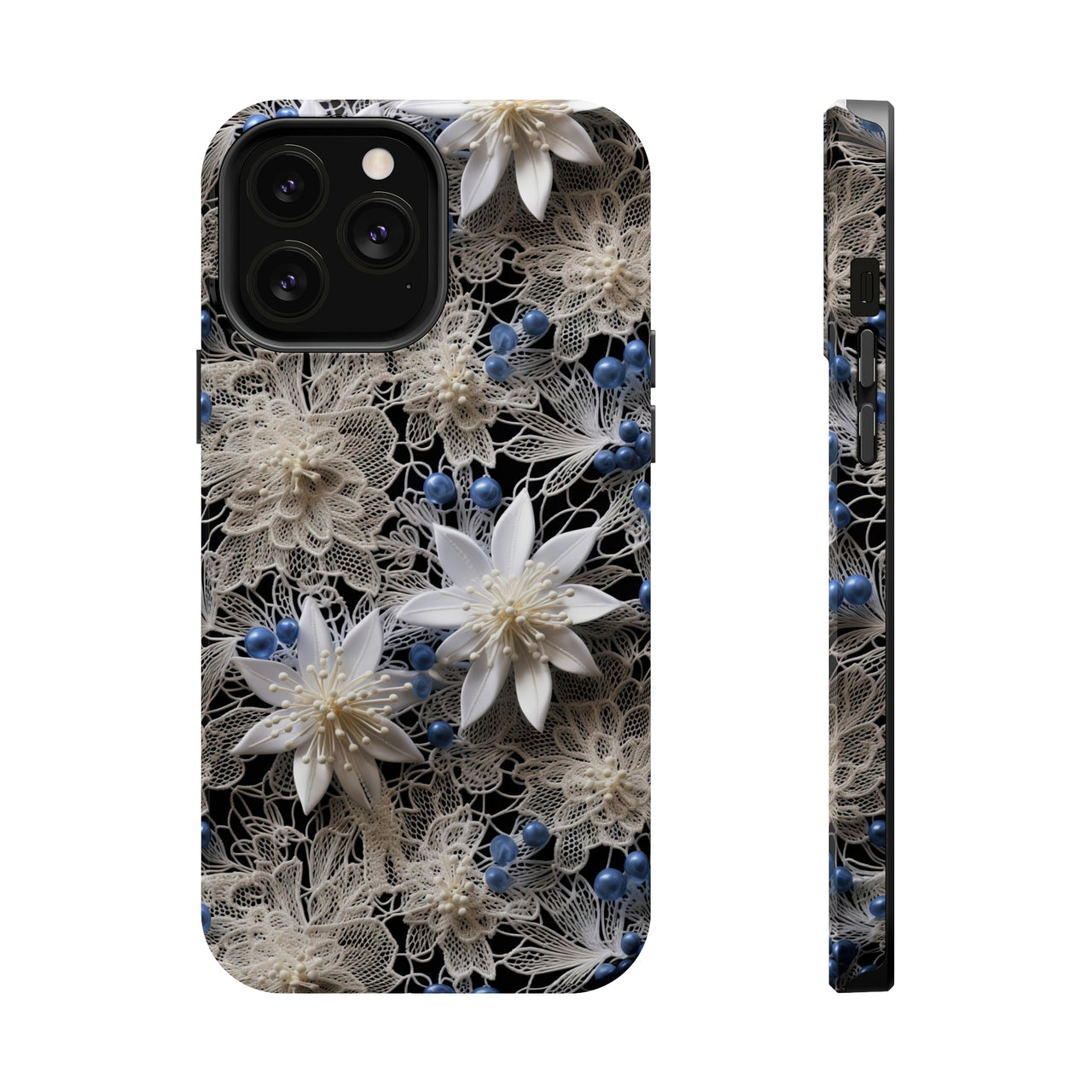 Vintage Lace and Clematis MagSafe Tough Cases for iPhone 13, iPhone 13 Mini, iPhone 13 Pro, and iPhone 13 Pro Max.