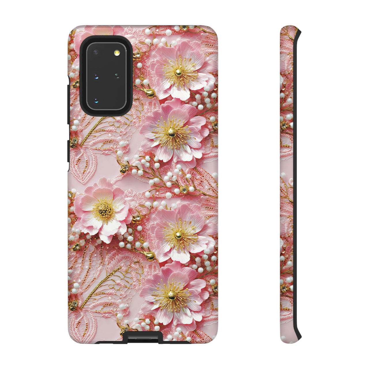 Gold-Kissed Flowers on Pink Lace - Tough Case for Samsung Galaxy S20, Samsung Galaxy S20+, Samsung Galaxy S20 Ultra, and Samsung Galaxy S20 FE