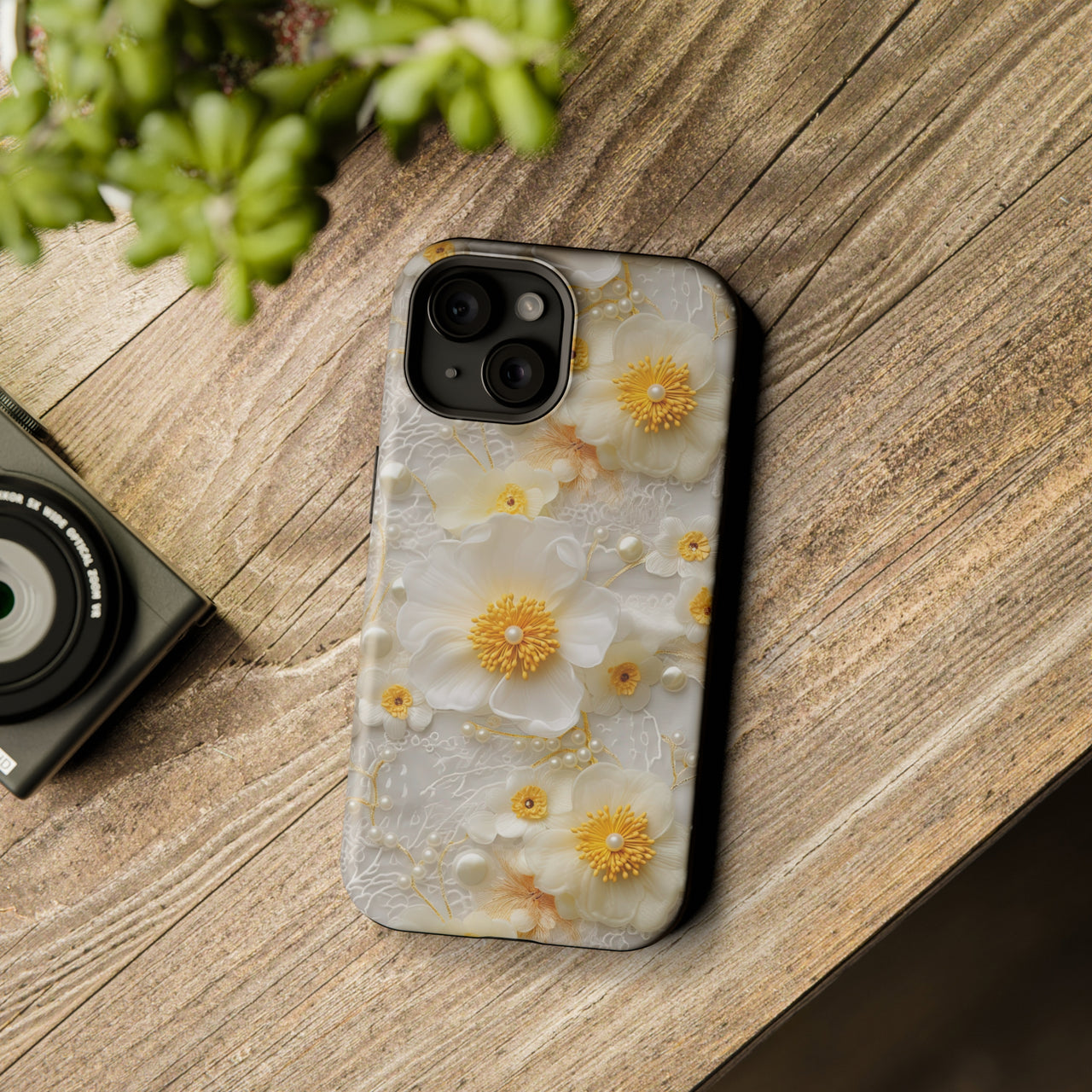 White and Yellow Floral - MagSafe Tough Case for iPhone 15, iPhone 15 Pro, iPhone 15 Plus, & iPhone 15 Pro Max