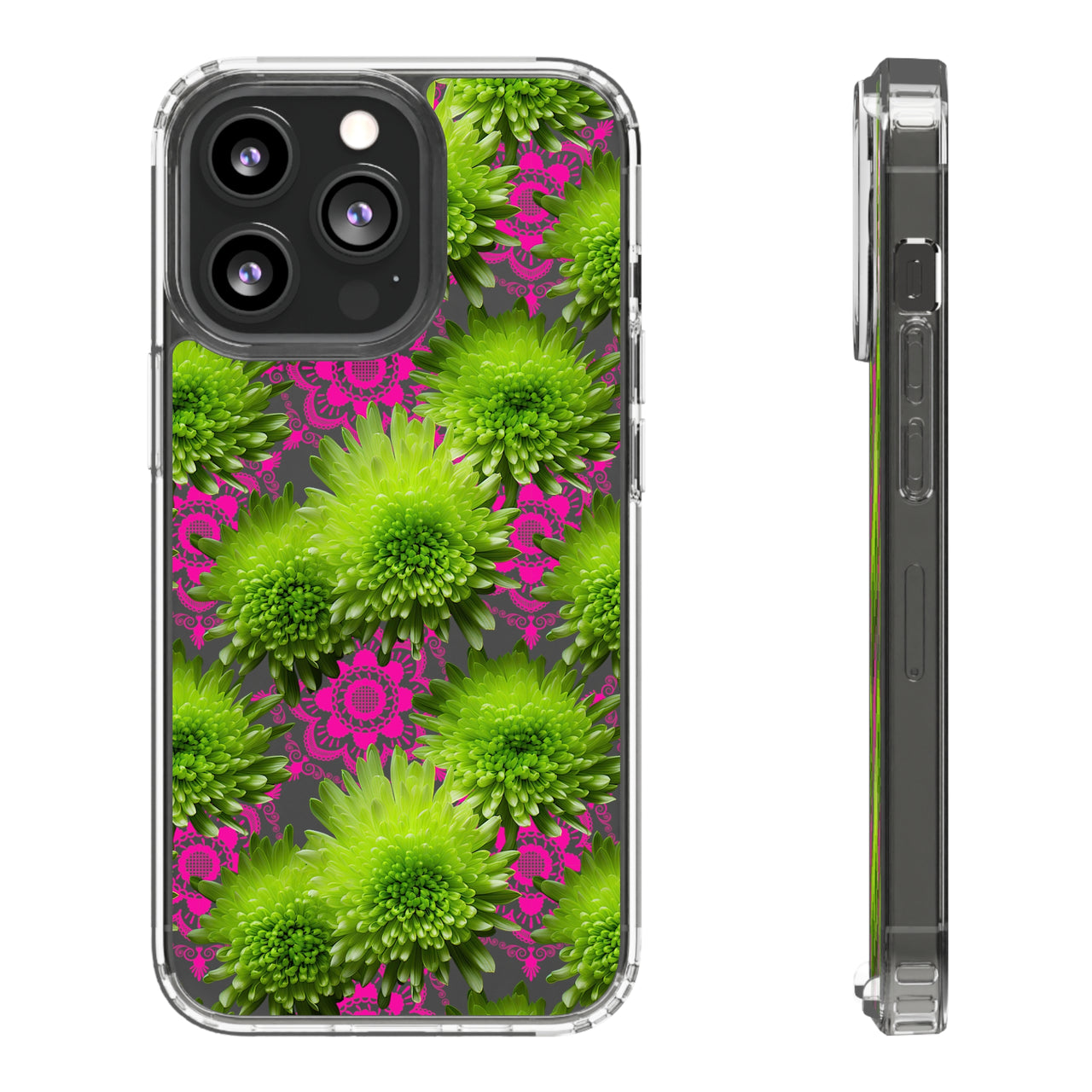 *Clear Case* Green Mums and Lace - iPhone 13, iPhone 13 Mini, iPhone 13 Pro, iPhone 13 Pro Max - Supports Wireless Charging