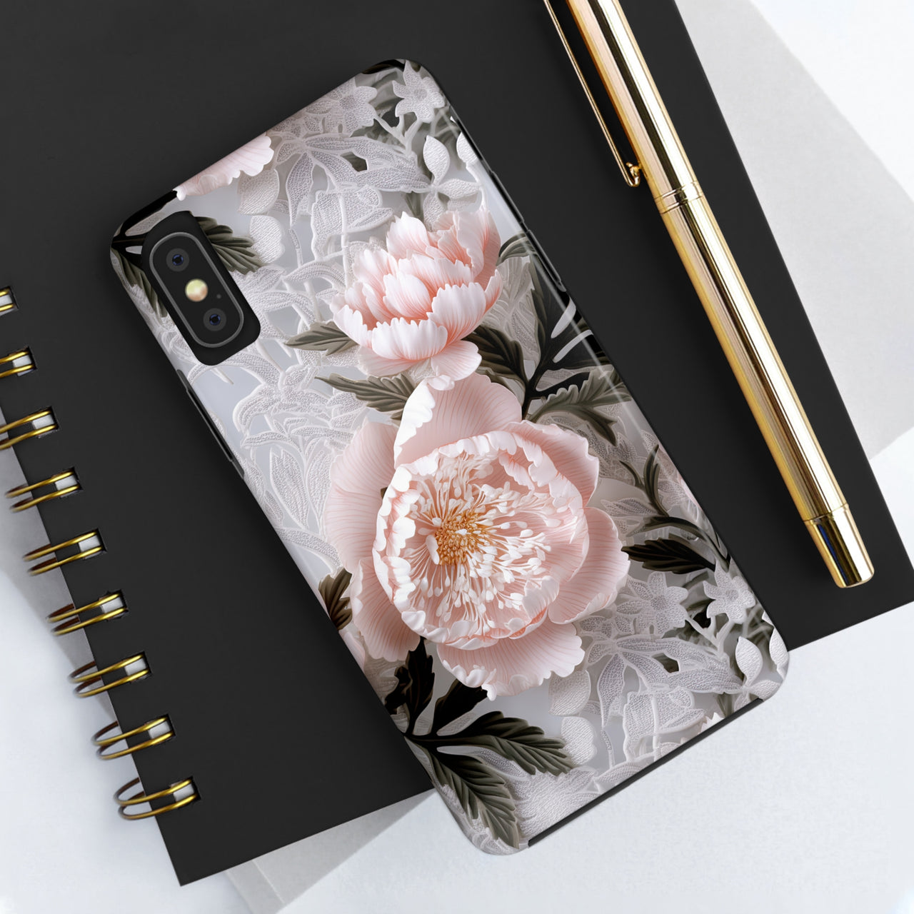 Pink Peony Tough Phone Cases for iPhone X, iPhone XR, iPhone XS, and iPhone XS MAX. Supports Wireless Charging.