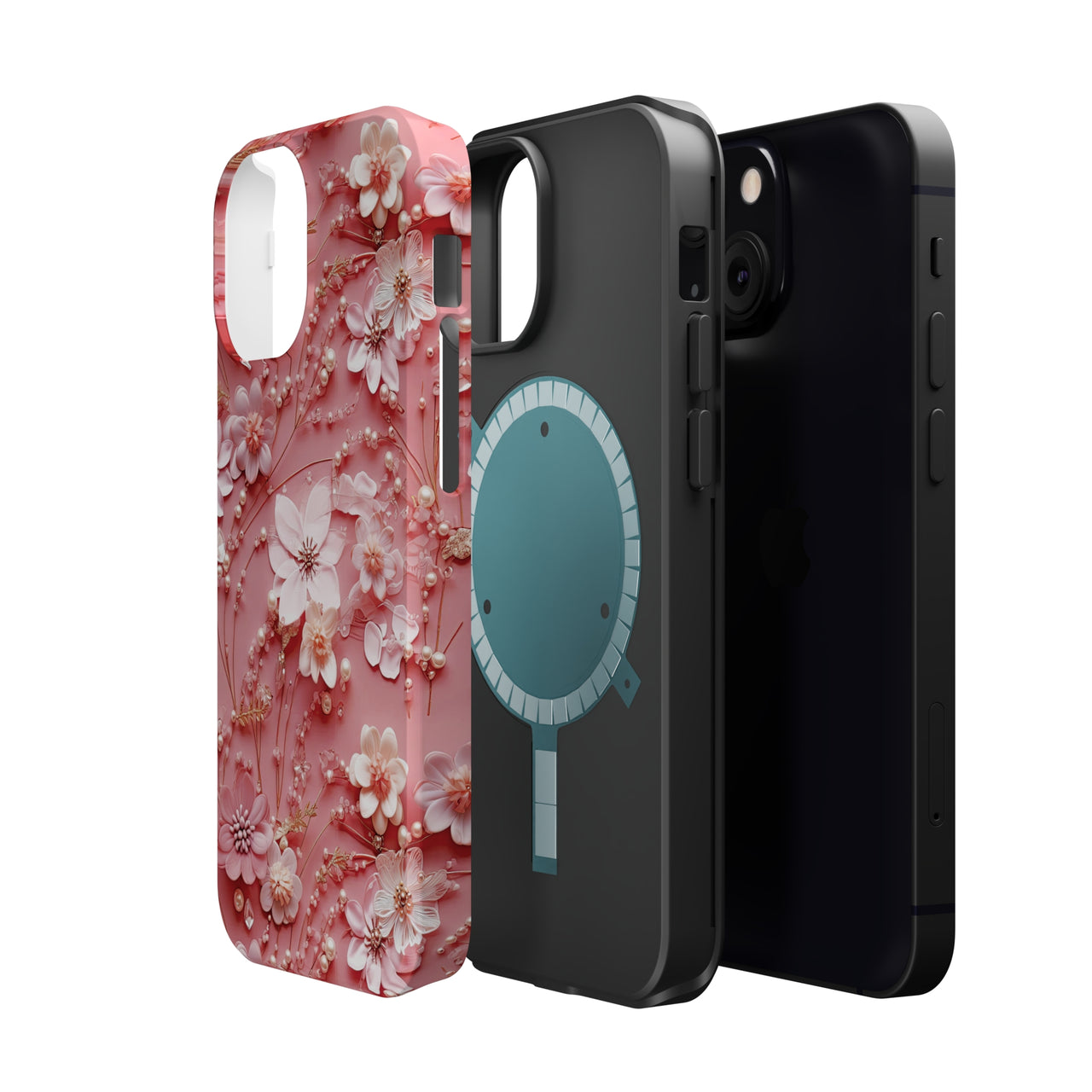 Floral Champagne Toast MagSafe Tough Cases for iPhone 13, iPhone 13 Mini, iPhone 13 Pro, and iPhone 13 Pro Max.