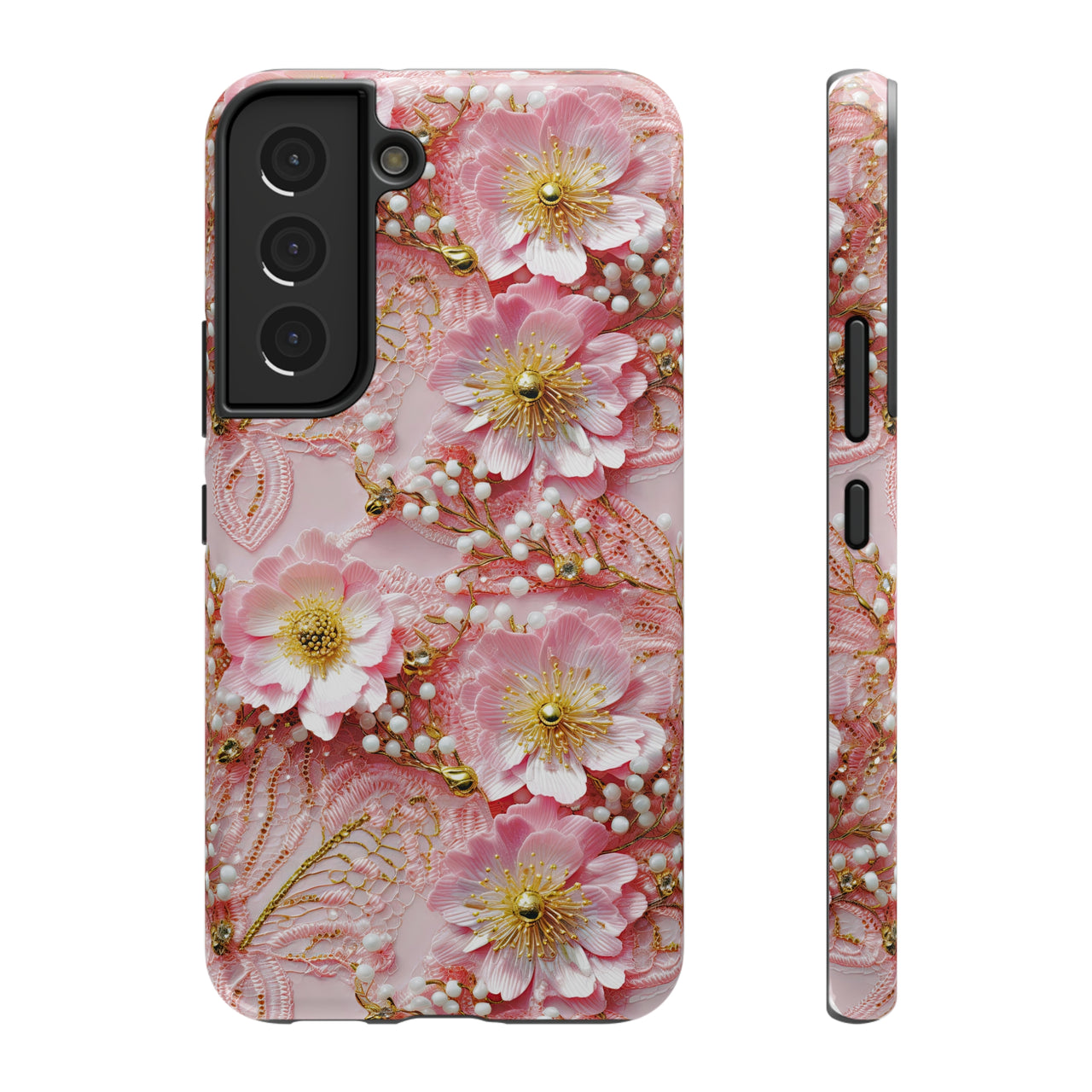 Gold-Kissed Flowers on Pink Lace - Impact-Resistant Case for Samsung Galaxy S22, Samsung Galaxy S22 Plus, and Samsung Galaxy S22 Ultra. Supports Wireless Charging.