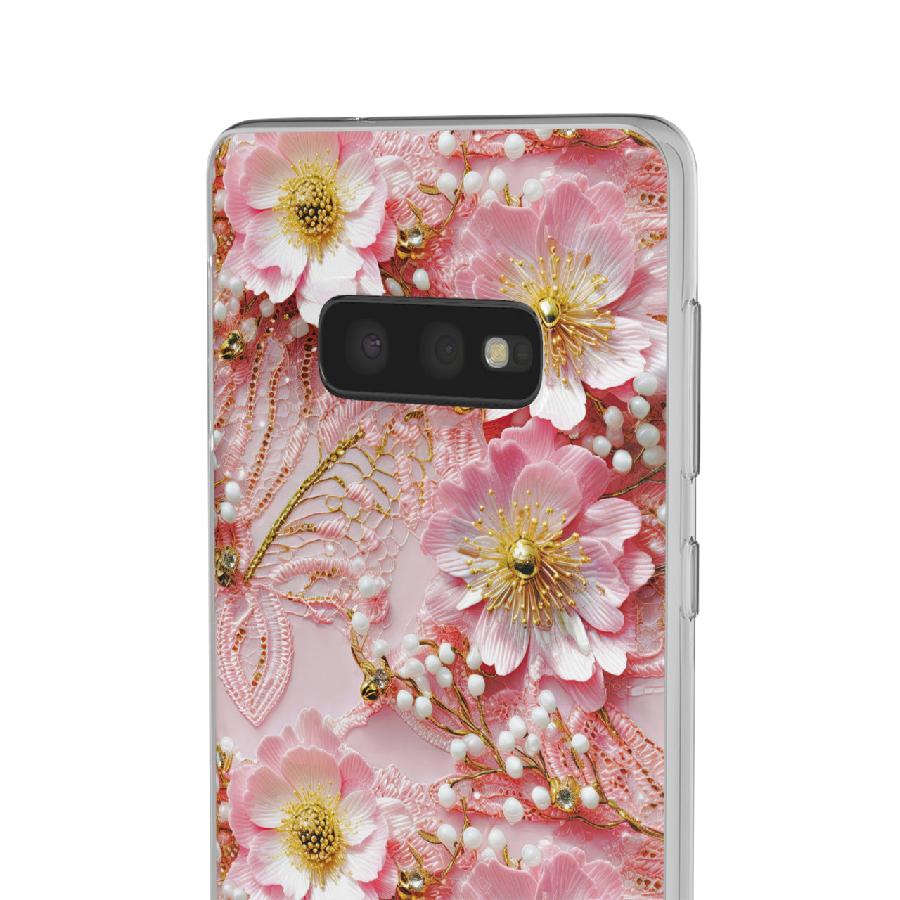 Gold-Kissed Flowers on Pink Lace - Flexi Cases for Samsung Galaxy S10, Samsung Galaxy S10E, & Samsung Galaxy S10 Plus