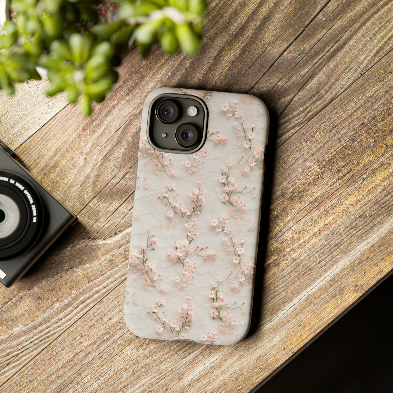 White Lace and Cherry Blossoms Tough Case for iPhone 15, iPhone 15 Pro, iPhone 15 Plus, and iPhone 15 Pro Max