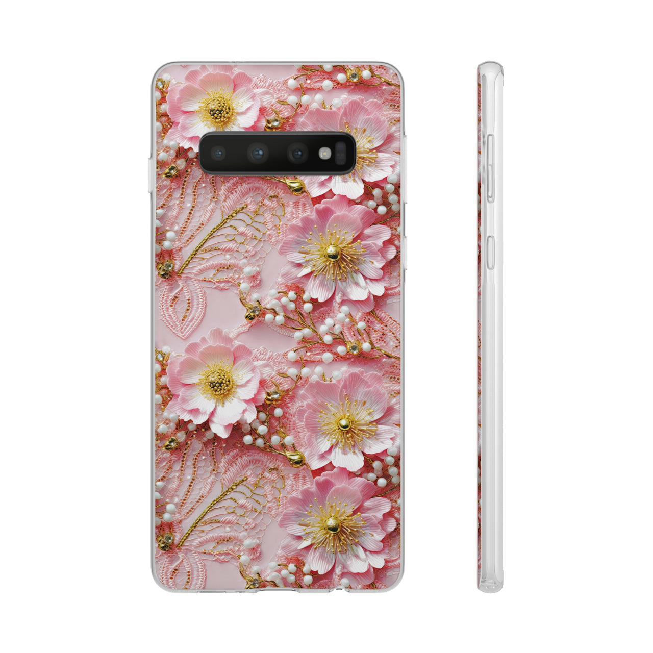 Gold-Kissed Flowers on Pink Lace - Flexi Cases for Samsung Galaxy S10, Samsung Galaxy S10E, & Samsung Galaxy S10 Plus