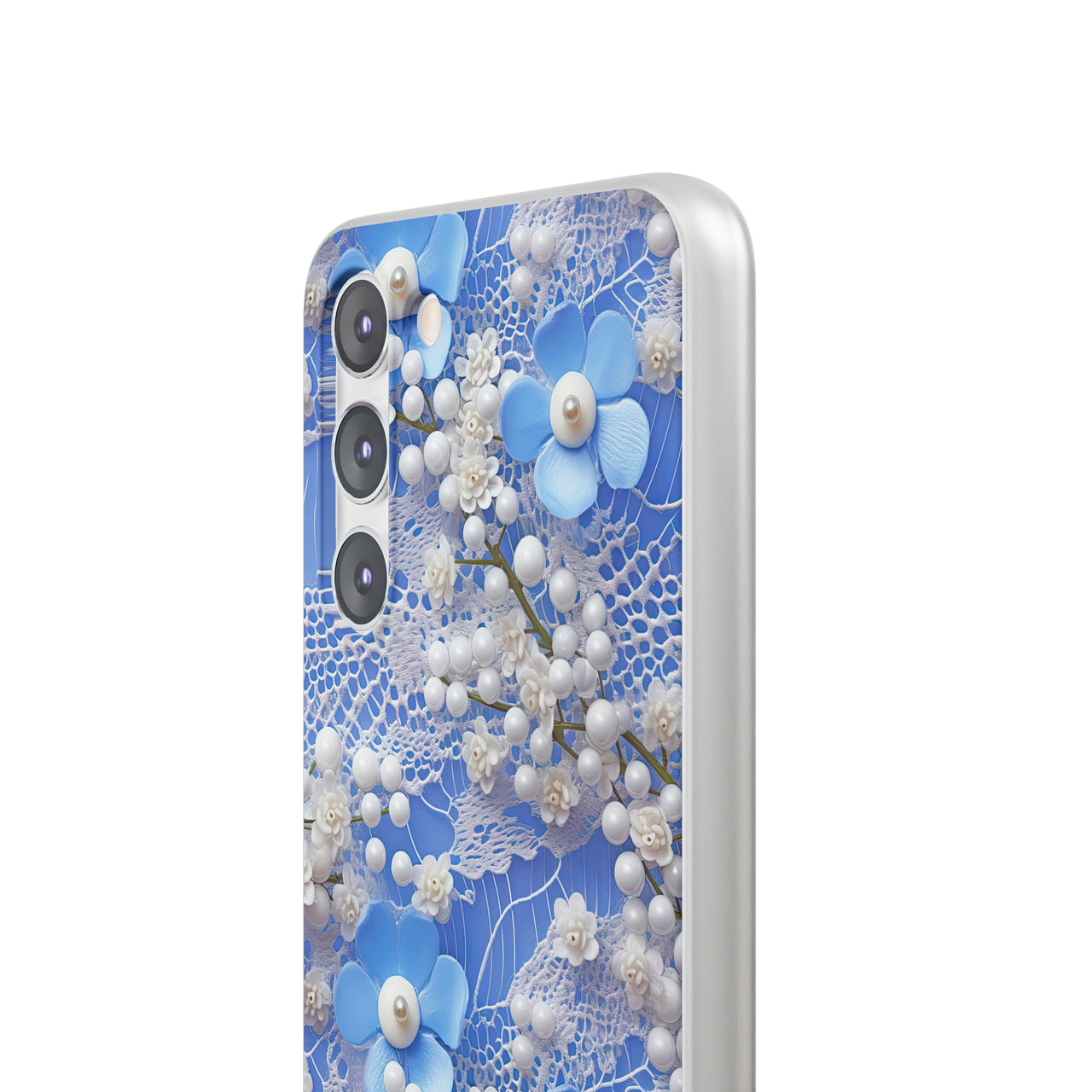 Pearls and Lace on Baby Blue - Flexi Cases for Samsung Galaxy S23, Samsung Galaxy S23 Plus, and Samsung Galaxy S23 Ultra