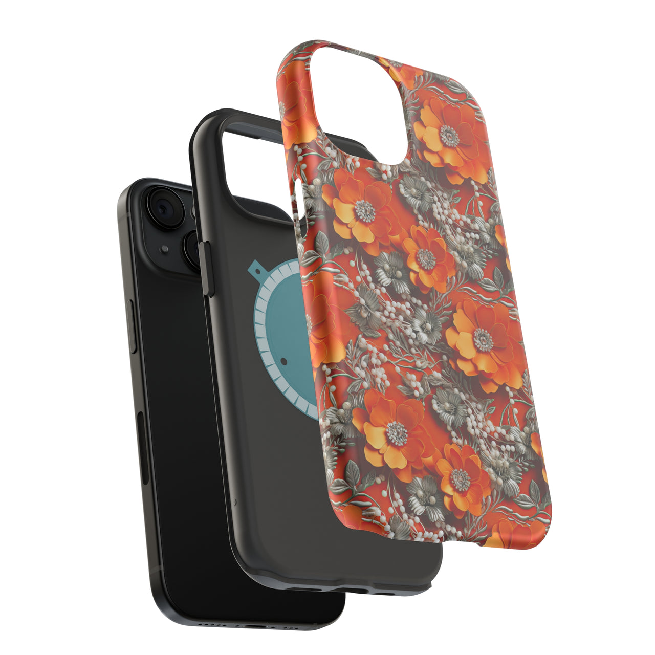 Orange Petals in Silver Tapestry - MagSafe Tough Case for iPhone 15, iPhone 15 Pro, iPhone 15 Plus, & iPhone 15 Pro Max