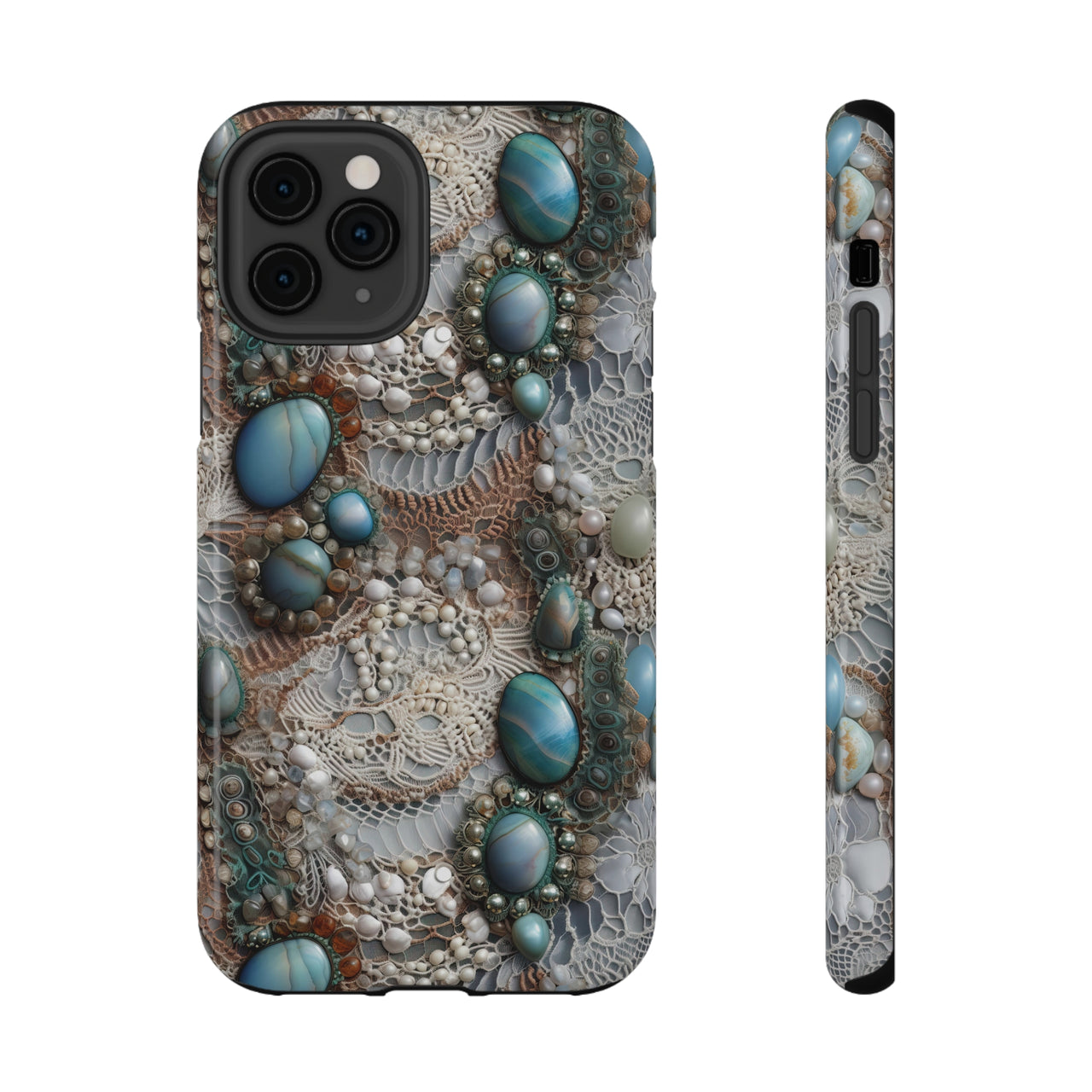 Boho Agate and Lace Impact-Resistant Cases for iPhone 11, iPhone 11 Pro, and iPhone 11 Pro Max. Supports Wireless Charging.