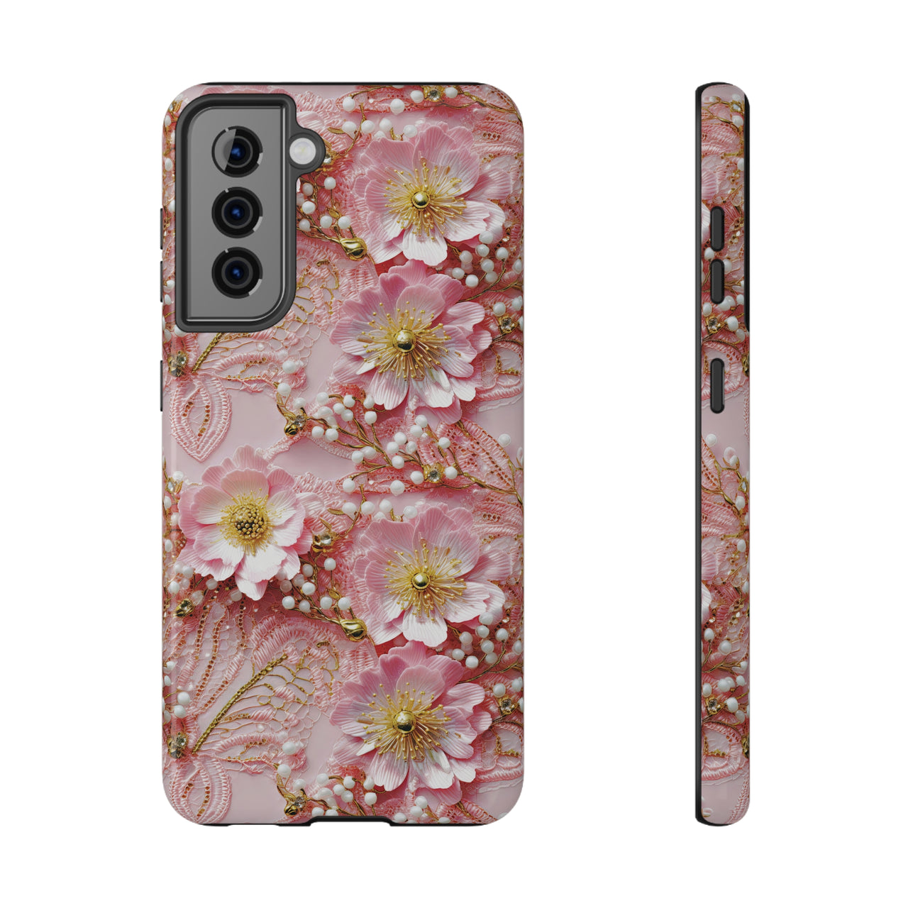 Gold-Kissed Flowers on Pink Lace - Impact-Resistant Case for Samsung Galaxy S21, Samsung Galaxy S21 Plus, and Samsung Galaxy S21 Ultra. Supports Wireless Charging.