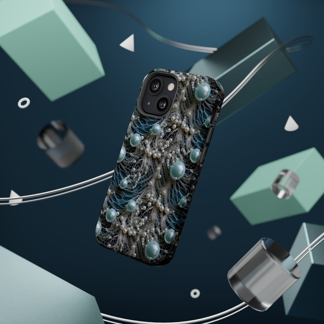 Sea Foam Lace and Pearls MagSafe Tough Cases for iPhone 13, iPhone 13 Mini, iPhone 13 Pro, and iPhone 13 Pro Max.