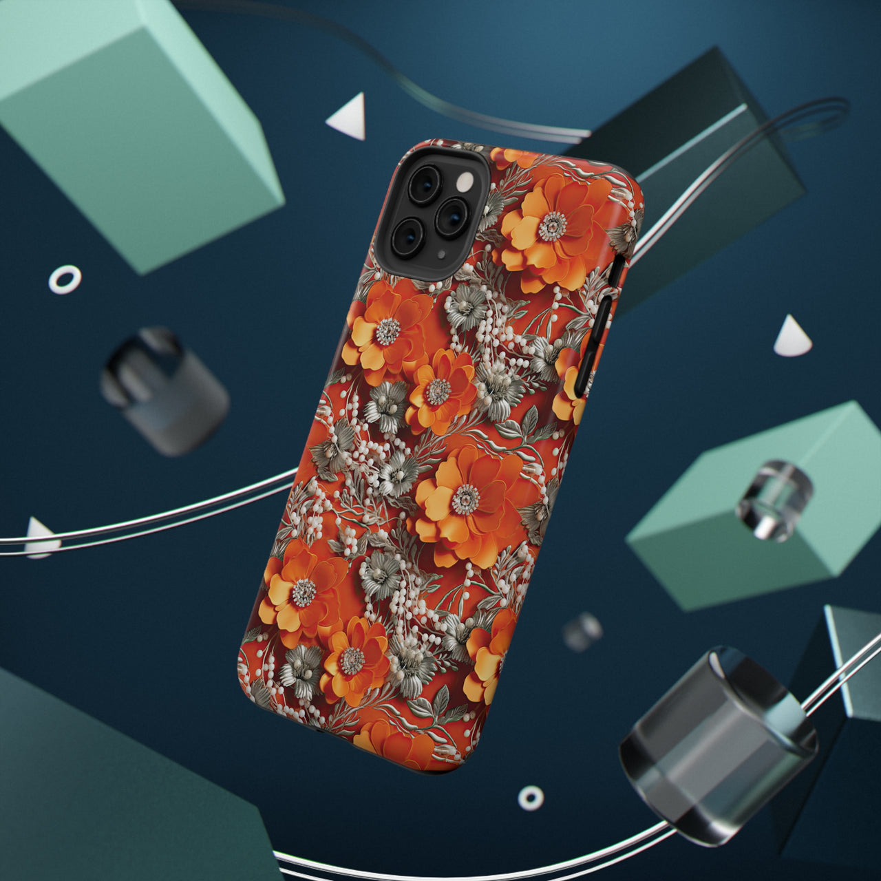 Orange Petals in Silver Tapestry Impact-Resistant Cases for iPhone 11, iPhone 11 Pro, and iPhone 11 Pro Max. Supports Wireless Charging.