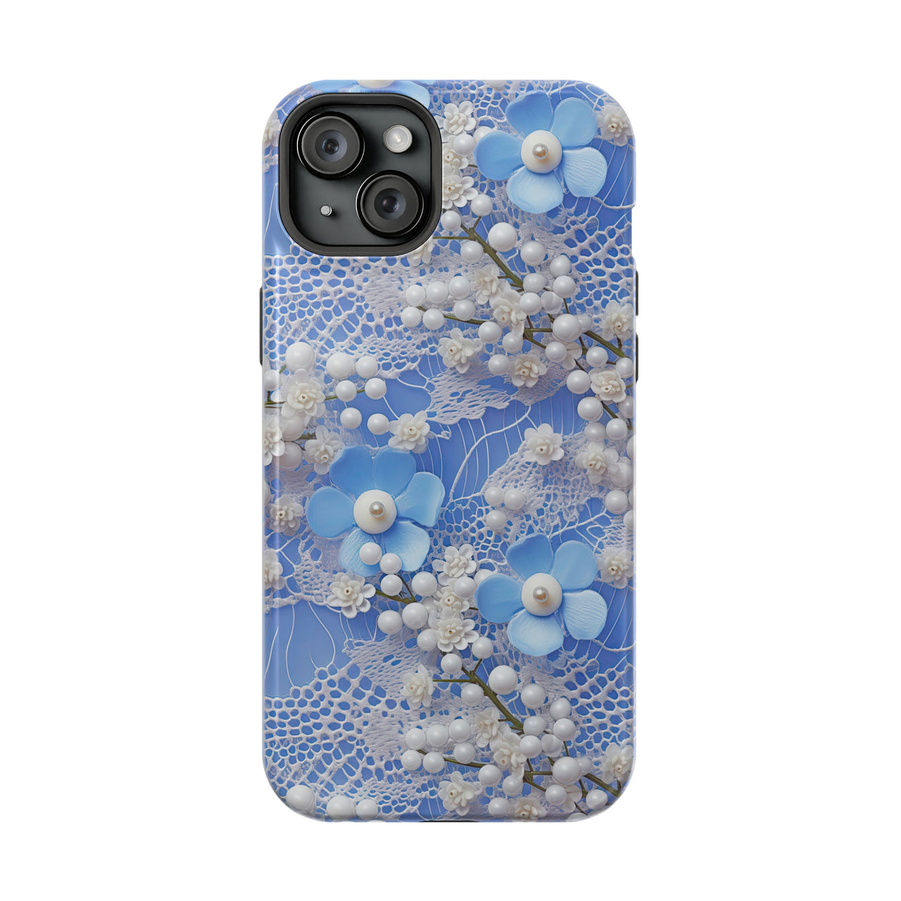 Pearls and Lace on Baby Blue - MagSafe Tough Case for iPhone 15, iPhone 15 Pro, iPhone 15 Plus, & iPhone 15 Pro Max