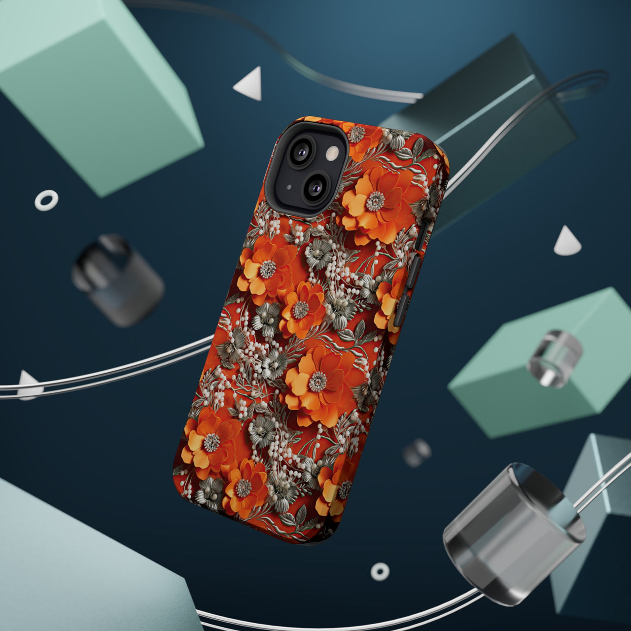 Orange Petals in Silver Tapestry MagSafe Tough Cases for iPhone 13, iPhone 13 Mini, iPhone 13 Pro, and iPhone 13 Pro Max.