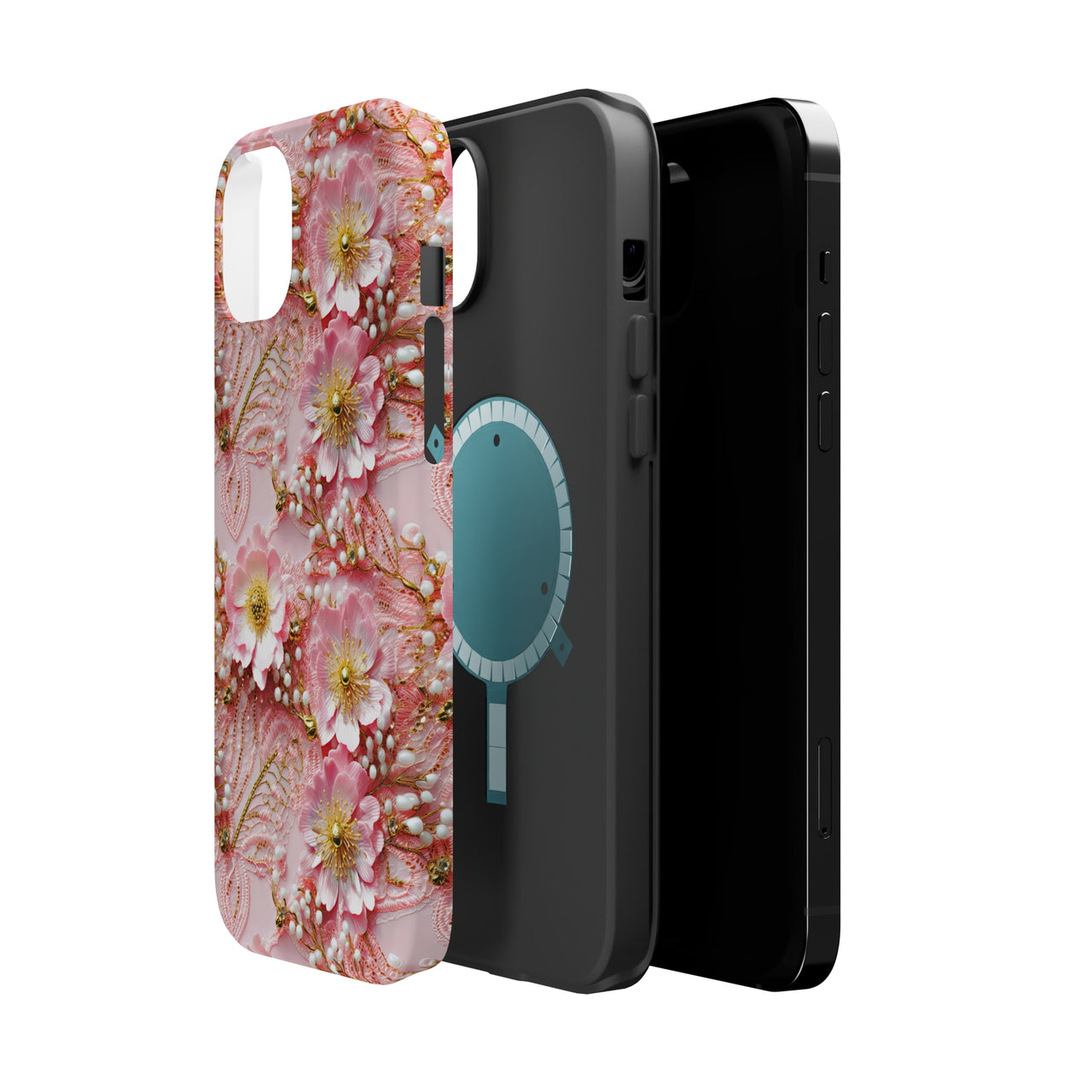 Gold-Kissed Flowers on Pink Lace - MagSafe Tough Case for iPhone 14, iPhone 14 Pro, iPhone 14 Plus, and iPhone 14 Pro Max