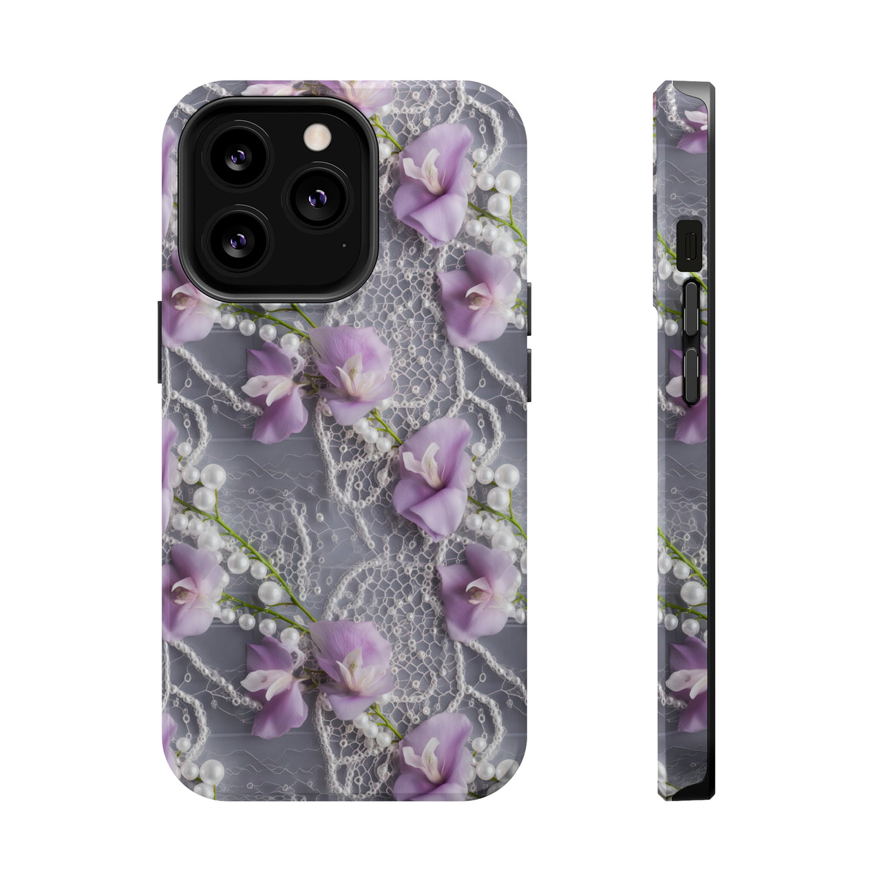 Purple Sweet Pea MagSafe Tough Cases for iPhone 13, iPhone 13 Mini, iPhone 13 Pro, and iPhone 13 Pro Max.