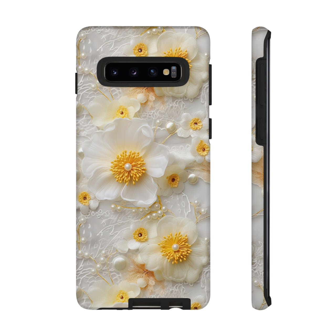 White and Yellow Floral Tough Cases for Samsung Galaxy S10, Samsung Galaxy S10E, and Samsung Galaxy S10 Plus