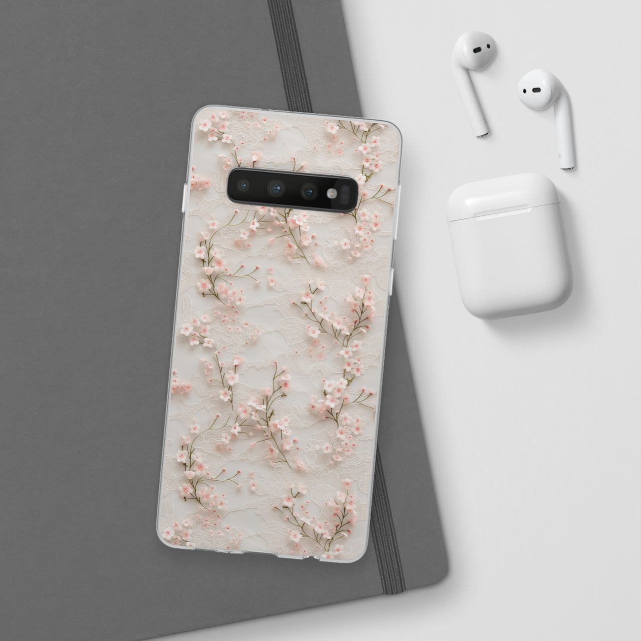 White Lace and Cherry Blossoms - Flexi Cases for Samsung Galaxy S10, Samsung Galaxy S10E, & Samsung Galaxy S10 Plus