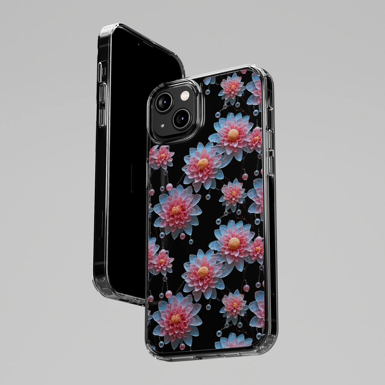 *Clear Case* Pink and Blue Glass Flowers - iPhone 14, iPhone 14 Pro, iPhone 14 Plus, iPhone 14 Pro Max - Supports Wireless Charging