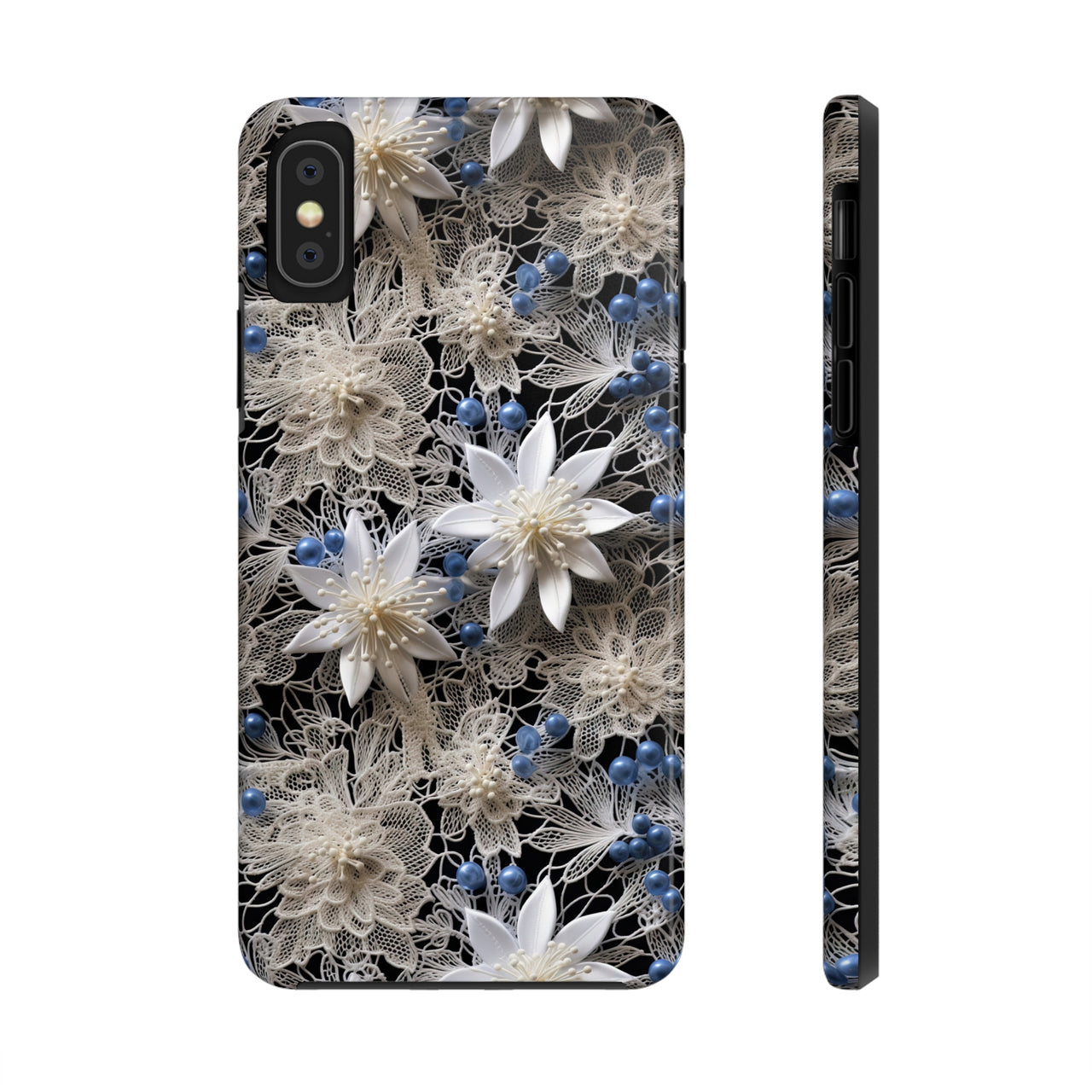 Vintage Lace and Clematis Tough Phone Cases for iPhone X, iPhone XR, iPhone XS, and iPhone XS MAX. Supports Wireless Charging.