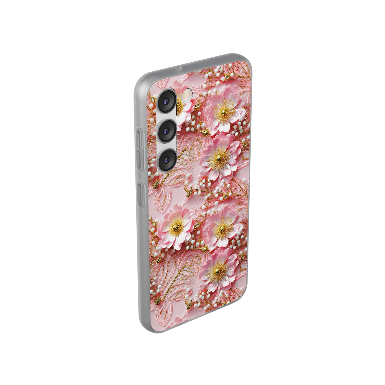 Gold-Kissed Flowers on Pink Lace - Flexi Cases for Samsung Galaxy S23, Samsung Galaxy S23 Plus, & Samsung Galaxy S23 Ultra