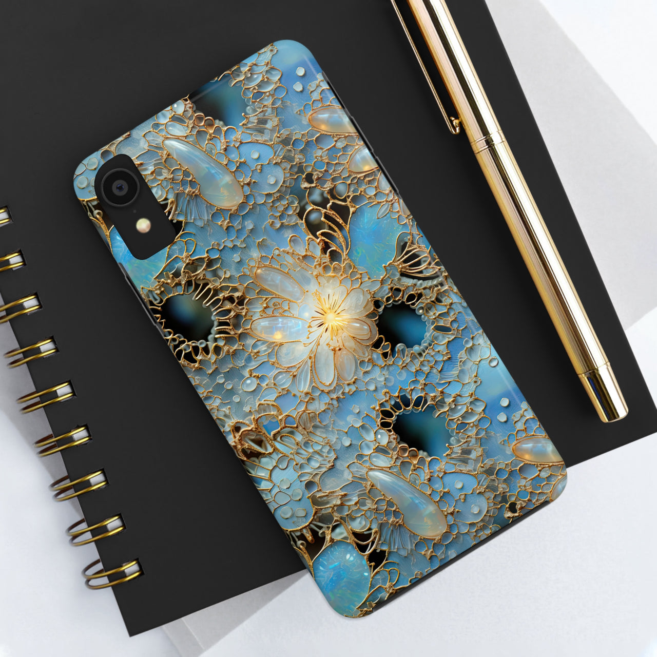 Gemstones and Gold Lace Tough Phone Cases for iPhone X, iPhone XR, iPhone XS, and iPhone XS MAX. Supports Wireless Charging.