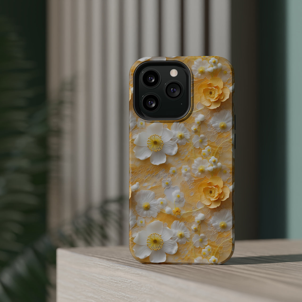 Yellow Floral MagSafe Tough Cases for iPhone 13, iPhone 13 Mini, iPhone 13 Pro, and iPhone 13 Pro Max.