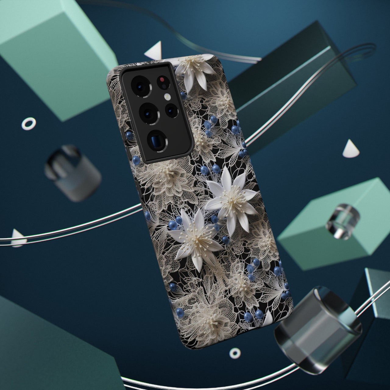 Vintage Lace and Clematis Impact-Resistant Cases for Samsung Galaxy S21, Samsung Galaxy S21 Plus, and Samsung Galaxy S21 Ultra. Supports Wireless Charging.