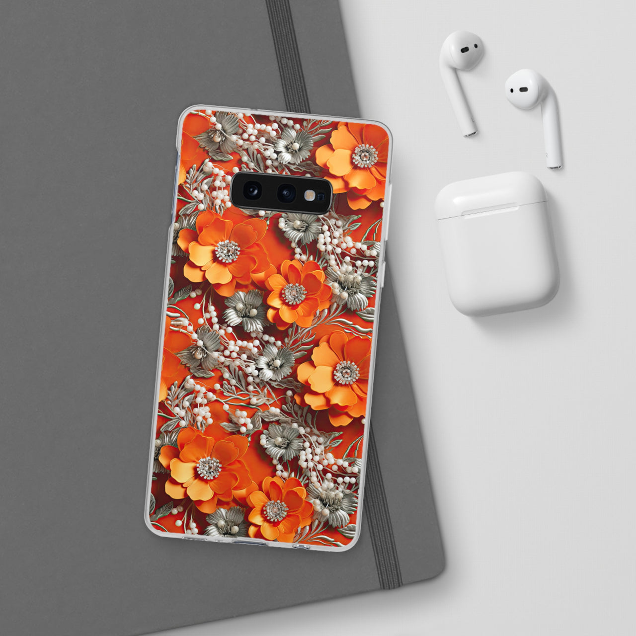 Orange Petals in Silver Tapestry - Flexi Cases for Samsung Galaxy S10, Samsung Galaxy S10E, & Samsung Galaxy S10 Plus