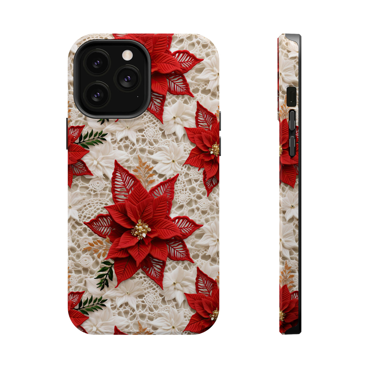 Christmas Poinsettia MagSafe Tough Cases for iPhone 13, iPhone 13 Mini, iPhone 13 Pro, and iPhone 13 Pro Max.