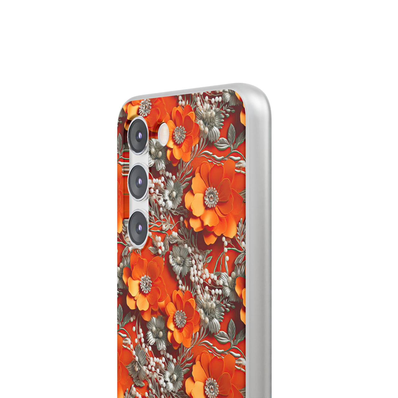 Orange Petals in Silver Tapestry - Flexi Cases for Samsung Galaxy S23, Samsung Galaxy S23 Plus, and Samsung Galaxy S23 Ultra