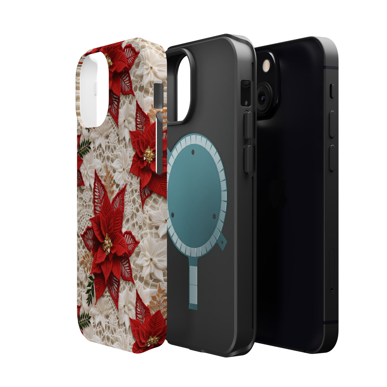 Christmas Poinsettia MagSafe Tough Cases for iPhone 13, iPhone 13 Mini, iPhone 13 Pro, and iPhone 13 Pro Max.