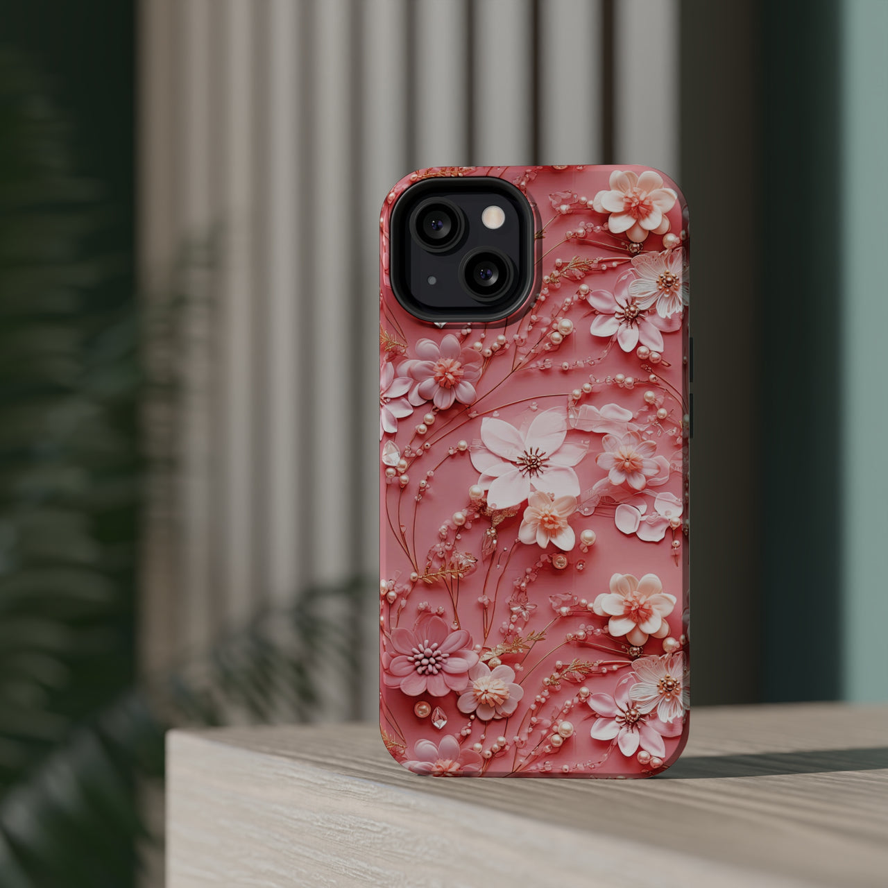 Floral Champagne Toast MagSafe Tough Cases for iPhone 13, iPhone 13 Mini, iPhone 13 Pro, and iPhone 13 Pro Max.